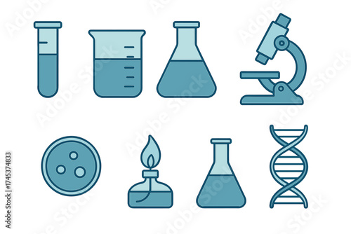Set of essential scientific research and chemistry laboratory equipment icons