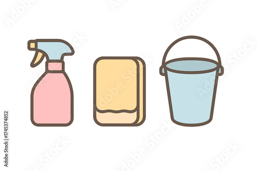 Essential household cleaning supplies set with spray bottle sponge and bucket