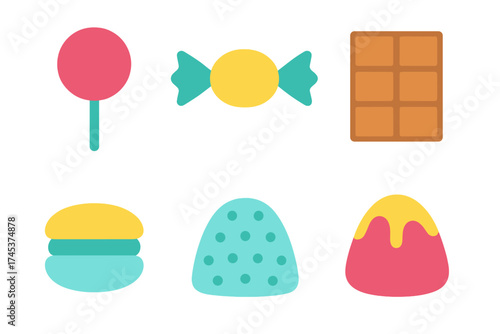 Minimalist flat design set of colorful desserts, candies, and sugary treats