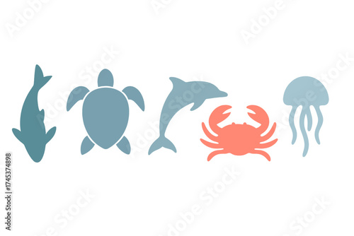 Minimalist collection of marine animal silhouettes including shark, turtle, dolphin, crab, and jellyfish