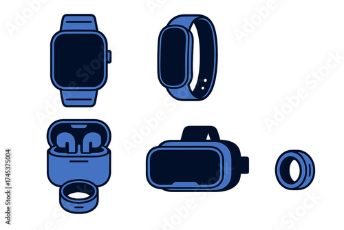 Collection of modern wearable technology devices including smart watch fitness band and VR headset
