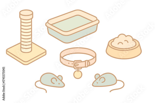 Isometric essential pet supplies for domestic cats: toys, feeding, and hygiene items