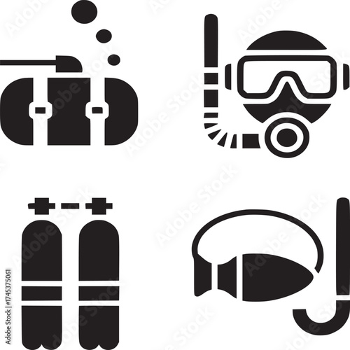 Four scuba diving icons showing a tank with bubbles, a mask, double tanks, and a snorkel mask set