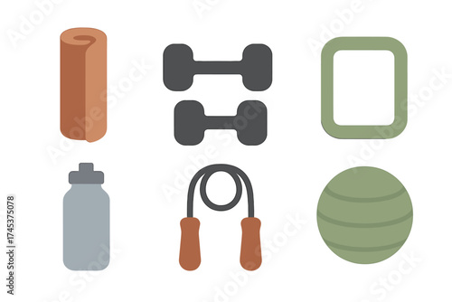 Collection of essential fitness accessories and workout gear including dumbbells, yoga mat, and jump rope