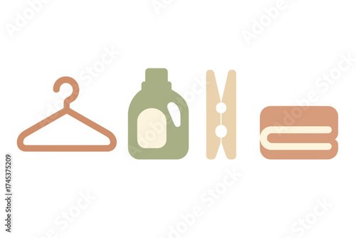 Minimalist laundry essentials set featuring detergent, hanger, clothespin, and folded towel
