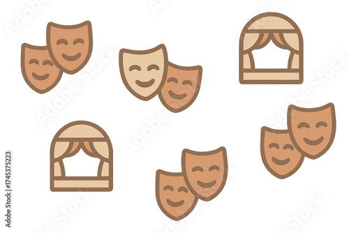Abstract repeating pattern of theatrical comedy masks and stage curtain arches