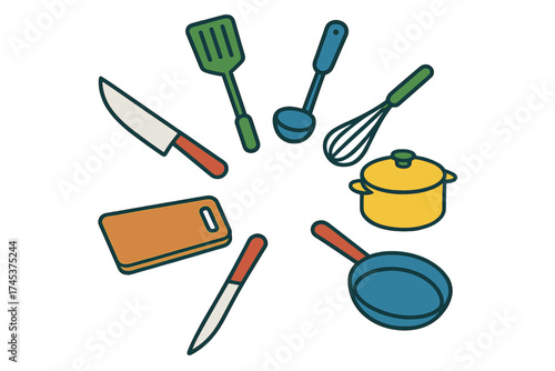 Colorful set of essential kitchen utensils and cooking equipment arranged in a circle