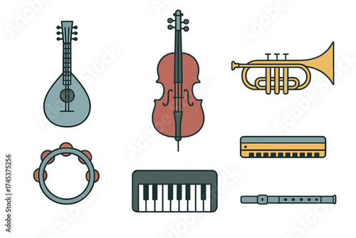 Flat design collection of various musical instruments: string, brass, percussion, and keyboard