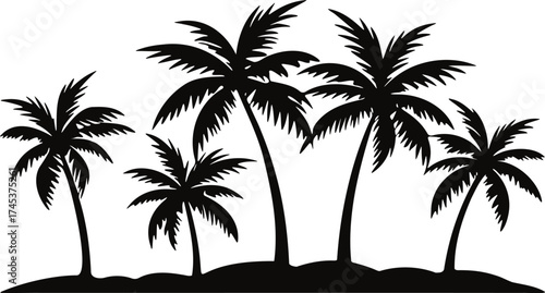 Silhouette of five palm trees on a tropical island beach at sunset