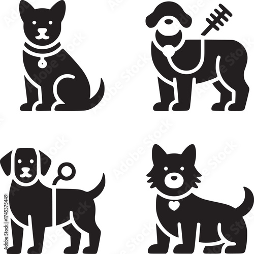 Four black dog icons with different breeds and accessories on a white background in a square format