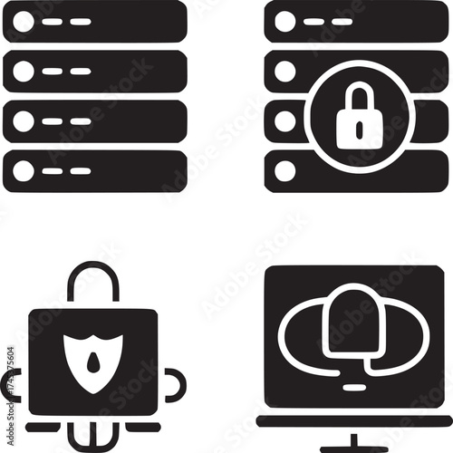 Four black and white icons depicting data servers, security, and cloud computing on a white background