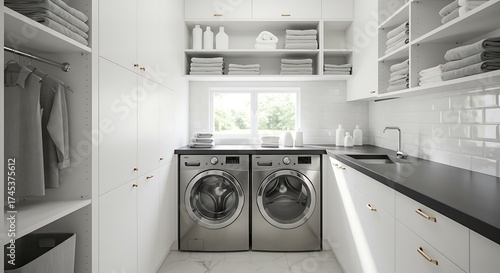 Modern White Laundry Room with Front-loading Washer and Dryer in Bright Space
