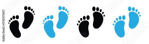 Vector isolated hand drawn baby feet icons on white background. Two colour different shapes footstep. Baby foot print icons on white page. EPS 10. 