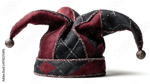 Medieval jester hat with bells on white background