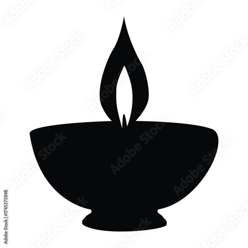 Traditional oil lamp silhouette with burning flame, cultural festival diya vector for celebration, light, and spirituality themes.