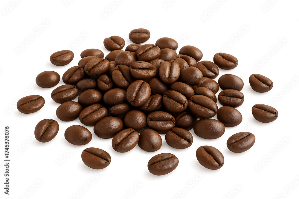 Obraz premium Closeup of roasted coffee beans pile isolated on white background showing detail and texture perfect for cafe branding, food design, morning beverage concepts, and advertising use