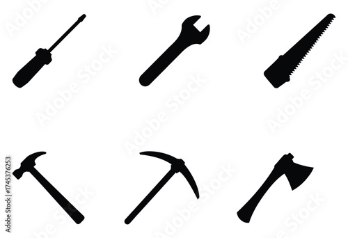Tool Silhouette Vector Set Axe Hatchet Pickaxe Hammer Saw and Wrench Icons