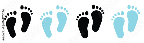 Vector isolated hand drawn baby feet icons on white background. Two colour different shapes footstep. Baby foot print icons on white page. EPS 10. 