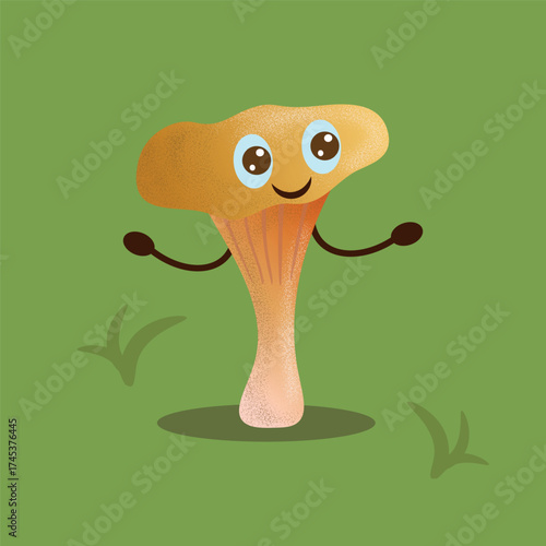 A happy, funny, cute cartoon character chanterelle mushroom