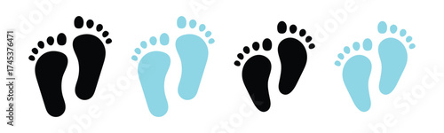Vector isolated hand drawn baby feet icons on white background. Two colour different shapes footstep. Baby foot print icons on white page. EPS 10. 