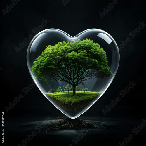 On a black background there is a transparent heart with a green tree inside it.