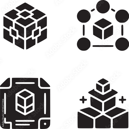 A set of four black and white icons featuring cubes, connections, and stacked block structures design
