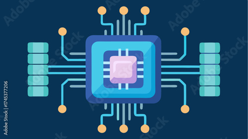 A closeup view of a circuit board embedded with 5G chips and modules with digital motifs representing data flow and network speed across the surface.