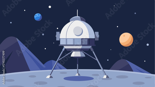 A detailed representation of a lunar lander descending toward the moons surface with lunar dust being disp and Earth visible in the distant sky.