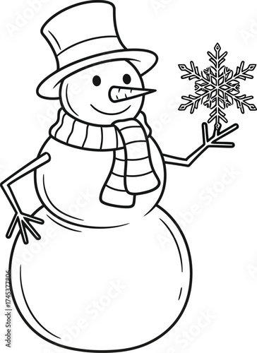 Cheerful snowman holding a snowflake in a winter holiday scene