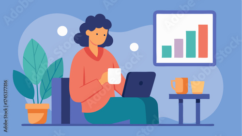 A cozy home scene showing a lifestyle blogger sipping coffee while reviewing social media analytics on a tablet with motivational quotes on the wall.