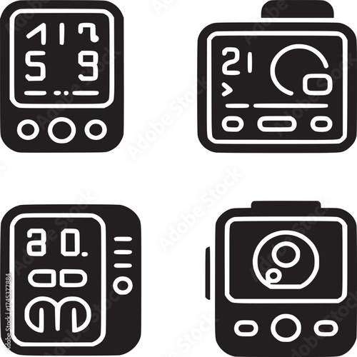 Four black and white electronic devices displayed in a grid pattern on a white background design