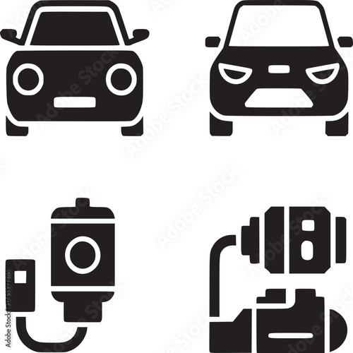 Depiction of two car front views with an oil filter and an air compressor in black and white