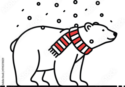 Cute polar bear wearing a scarf in a snowy winter illustration