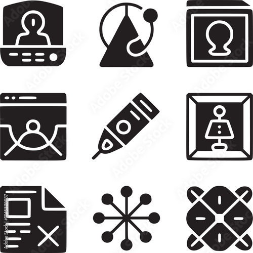 A collection of nine distinct black and white icons arranged in a three by three grid pattern
