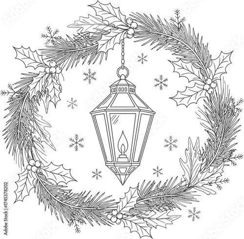 Winter holiday wreath with lantern for coloring book design