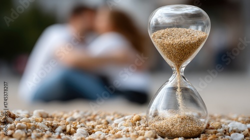 Two individuals stroll along a quiet path as sand falls in an hourglass, symbolizing the passage of time in a tranquil setting