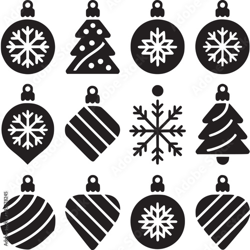 Collection of twelve black christmas ornaments including snowflakes and christmas trees on white