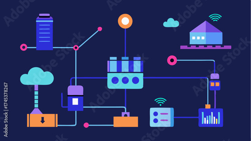 A digitally rendered concept of a smart factory with interconnected machines communicating data in realtime.