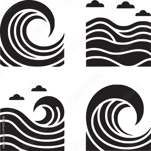 Four black and white wave illustrations with clouds in a square pattern on a white background