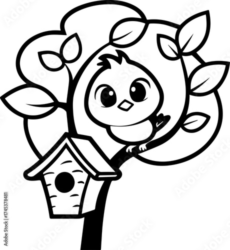 SVG vector illustration of a bird sitting on a tree with a birdhouse.Black Silhouette of Tree with Bird and Birdhouse