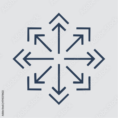 Geometric icon of eight arrows radiating outwards from a central point, symbolizing expansion and distribution.