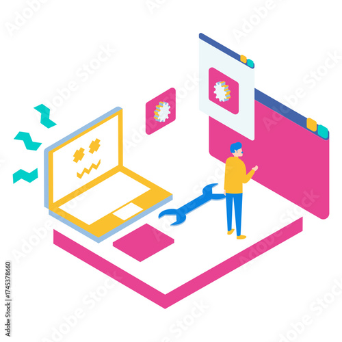 86Service. Person fixing a broken laptop with a wrench and gears isolated on white background.