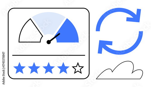 Speedometer gauge with needle, five-star rating with one empty star, two circular arrows forming a loop, and cloud outline. Ideal for performance, feedback, reviews, progress, evaluation updates