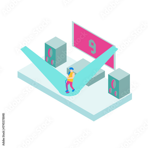 03Performing. Person holding microphone on stage with spotlight and screen isolated on white background.