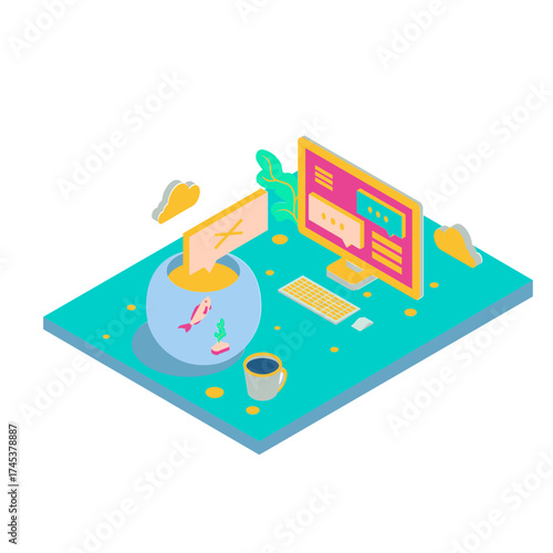 3NoComments. Isometric illustration of a computer and fishbowl isolated on white background.