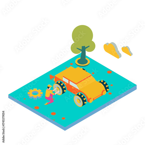 6Upgrade. Isometric illustration of a person fixing a car with a gear and tree isolated on white background.