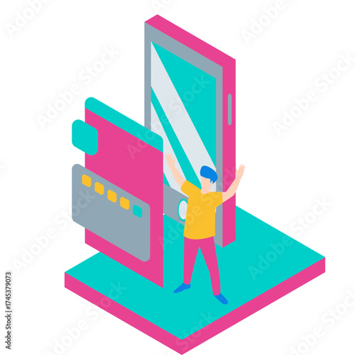 7Success. Man celebrating near credit card and smartphone isolated on white background.