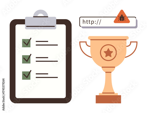 Checklist with tasks marked complete, a warning browser link with a bug icon, and a gold trophy. Ideal for productivity, security, goal setting, achievements, quality, technology and workflow
