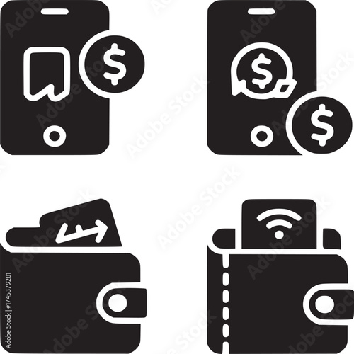 Various financial icons showing mobile payments and wallets in a simple black and white style