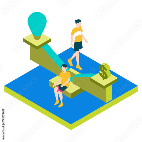 35Dilema. Two people on a seesaw with a lightbulb and dollar sign isolated on white background.